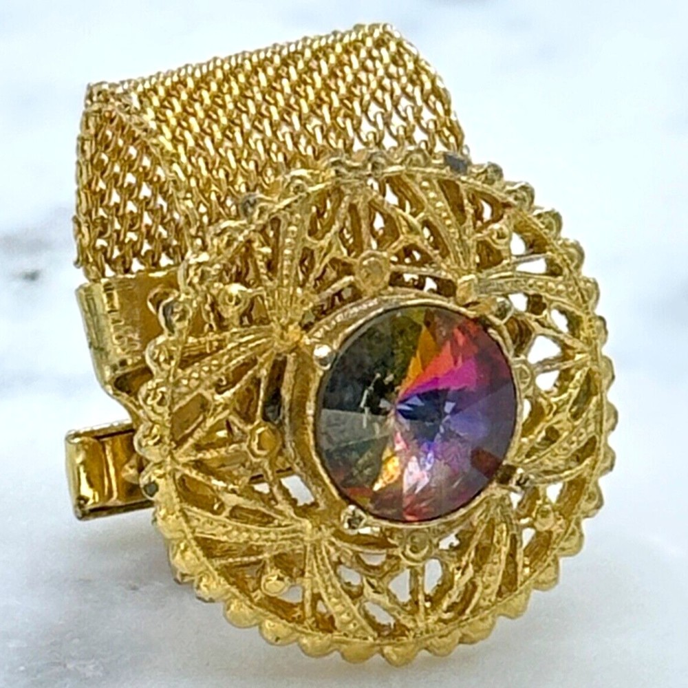 Vintage Round Prismatic Rivoli Gem Gold Tone Mesh Wrap Around Single Cufflink